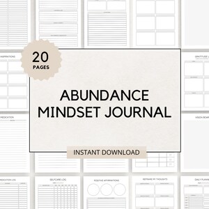 May include: A printable abundance mindset journal with 20 pages. The journal includes pages for inspirations, medication log, self-care log, positive affirmations, reframing thoughts, gratitude list, vision board, and a daily planner.