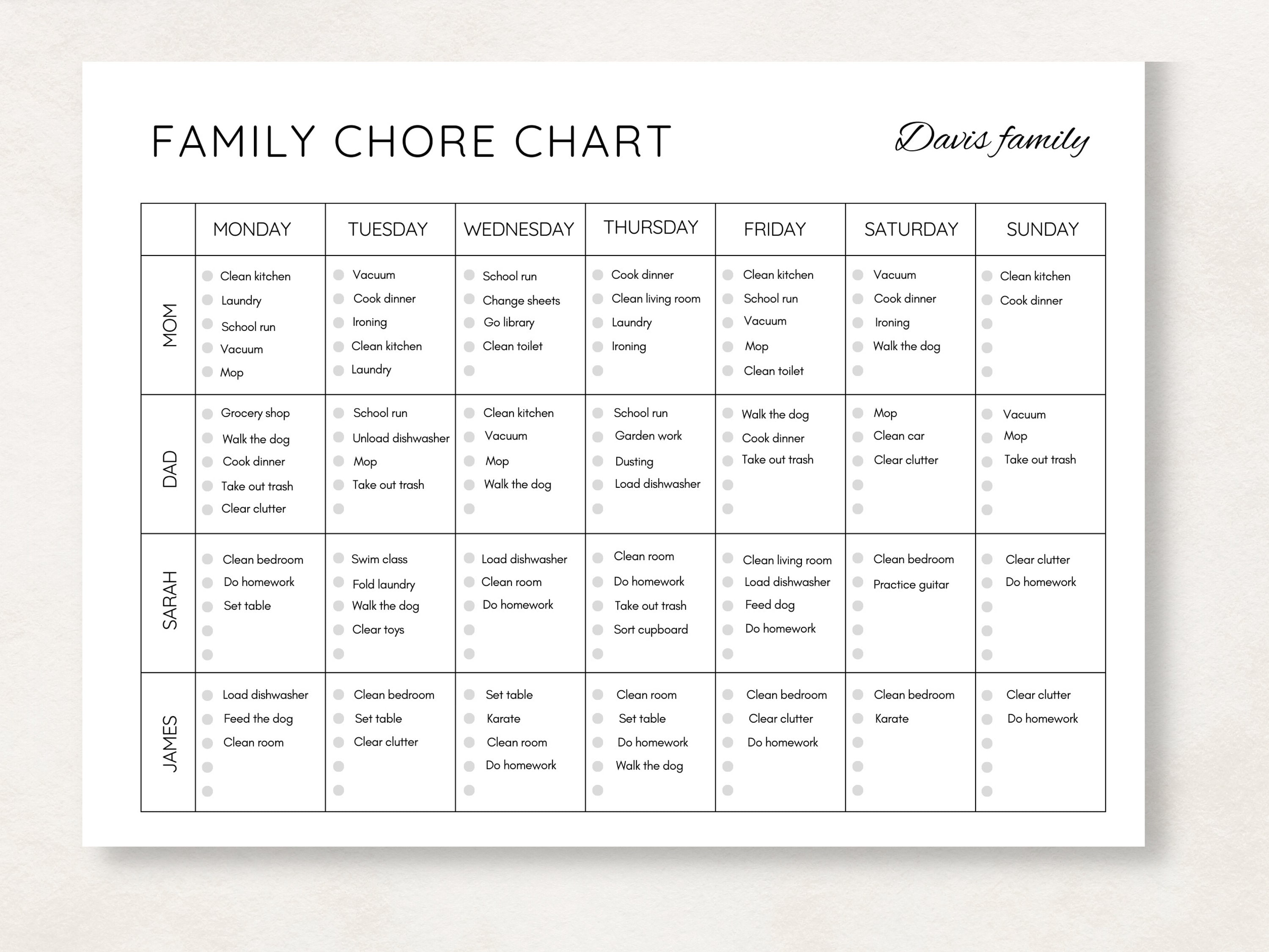 Family Chore Chart Printable Editable Family Schedule Family Chores