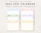 Cute 2026-2027 Calendar Printable, Monthly Calendar 2026-2027, 2026-2027 Planner, Monthly Planner, Aesthetic Calendar, Editable Calendar