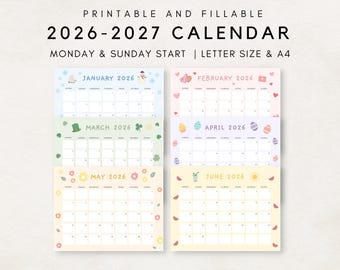 Leuke kalender 2026-2027 afdrukbaar, maandkalender 2026-2027, 2026-2027 planner, maandplanner, esthetische kalender, bewerkbare kalender
