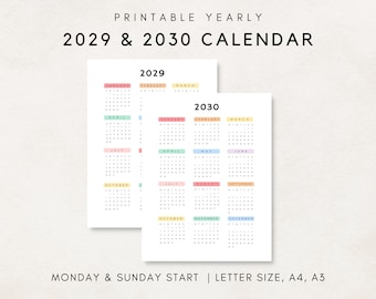 2029-2030 Yearly Calendar, Printable Calendar, 2029-2030 Calendar, Digital Calendar, Yearly wall Calendar, Year at a glance, Annual Calendar