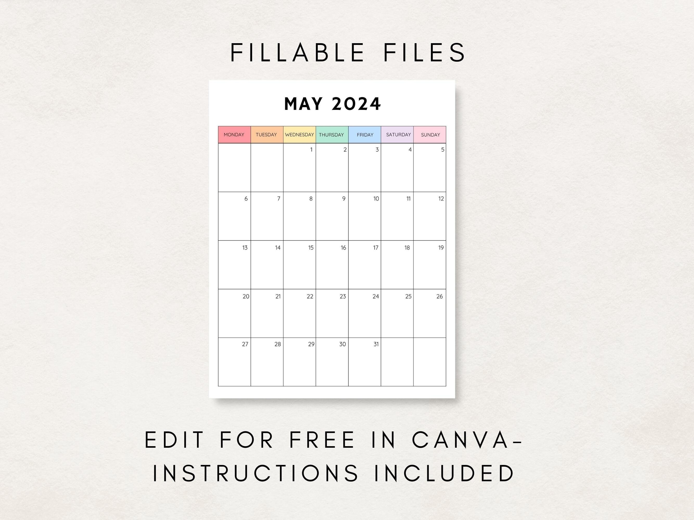 2024 Calendar Printable, Monthly Calendar 2024, Blank Calendar 2024
