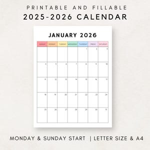 2025- 2026 Calendar Printable, Monthly Calendar 2025- 2026, Calendar Template, 12 Month Calendar, Month at a glance, 2025- 2026 Planner