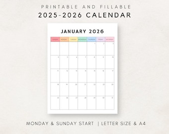 2025- 2026 Calendar Printable, Monthly Calendar 2025- 2026, Calendar Template, 12 Month Calendar, Month at a glance, 2025- 2026 Planner