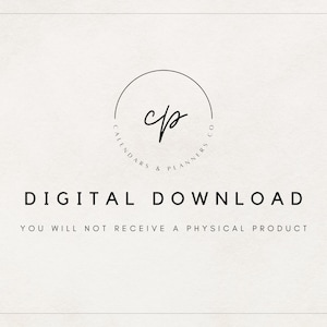 Puede incluir: Anuncio de descarga digital con un logotipo circular con las letras "cp" en una fuente de escritura. El texto "CALENDARS & PLANNERS CO" rodea el logotipo. Debajo, se muestran las palabras "DESCARGA DIGITAL", seguidas de la declaraci&oacute;n "NO RECIBIR&Aacute; UN PRODUCTO F&Iacute;SICO."