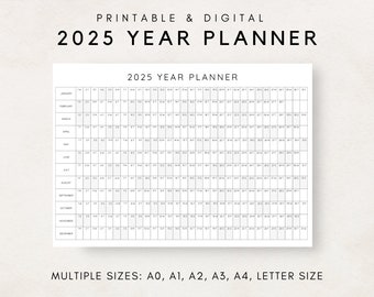 2025 Year Planner Printable, Yearly Planning Calendar, Calendar Poster, 2025 Digital Calendar, 2025 Calendar, 2025 Planner, Year at a glance