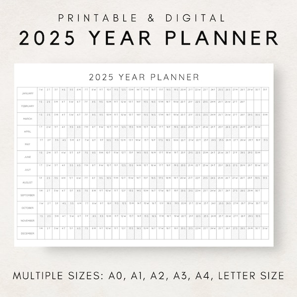 2025 Year Planner Printable, Yearly Planning Calendar, Calendar Poster, 2025 Digital Calendar, 2025 Calendar, 2025 Planner, Year at a glance