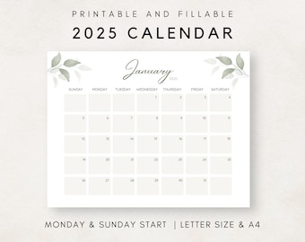 Calendario Imprimible 2025, Calendario Botánico Imprimible, Calendario 2025 Imprimible, Calendario Mensual, Planificador Mensual, Calendario 2025 Editable
