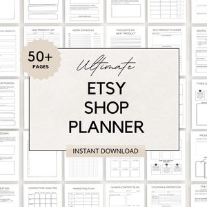 Puede incluir: Un planificador de tienda Etsy con más de 50 páginas, con plantillas para la planificación de productos, marketing y más. La portada muestra el texto "Ultimate Etsy Shop Planner" e "Instant Download". Las páginas son en blanco y negro.
