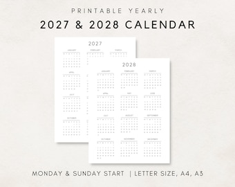 以下が含まれることがあります： 2027年と2028年の2つの印刷可能な年間カレンダー。カレンダーは白黒で、シンプルでミニマリストなデザインです。「PRINTABLE YEARLY 2027 & 2028 CALENDAR」というテキストが上部にあります。カレンダーは月曜日と日曜日に始まり、レター、A4、A3サイズで利用できます。