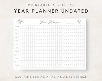 Calendário anual completo, planejador anual em uma página, planejador anual de parede, visão geral do ano, calendário de parede grande, ano em resumo, agenda anual