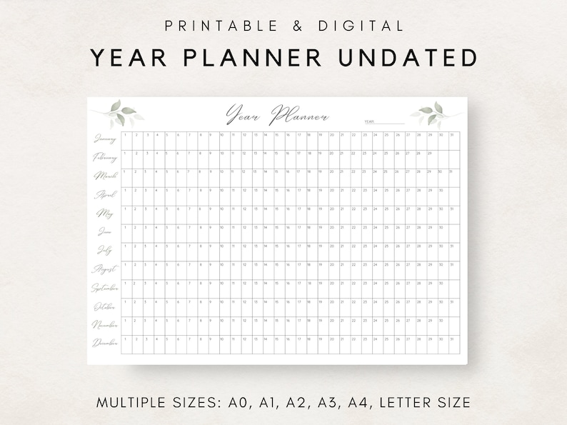 Full Year Calendar, Yearly Planner on 1 Page, Yearly Wall Planner, Annual Overview, Big Wall Calendar, Year At a Glance, Yearly Agenda image 1