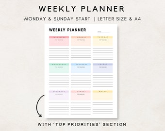 Weekly Planner Printable, Weekly Schedule, Priority Planner, Weekly Agenda, Week at a glance, Undated Weekly Planner, Weekly Organiser