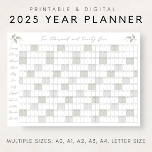 Planificador del año 2025 imprimible, Calendario de planificación anual, Póster del calendario, Calendario digital 2025, Calendario 2025, Planificador 2025, Año de un vistazo