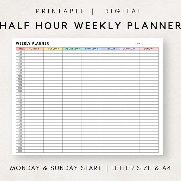 Half Hour Weekly Schedule, Half Hour Planner, Weekly Half Hourly Plan, Time Blocking, Weekly Time Sheet, Hour by Hour Planner, Weekly Plan