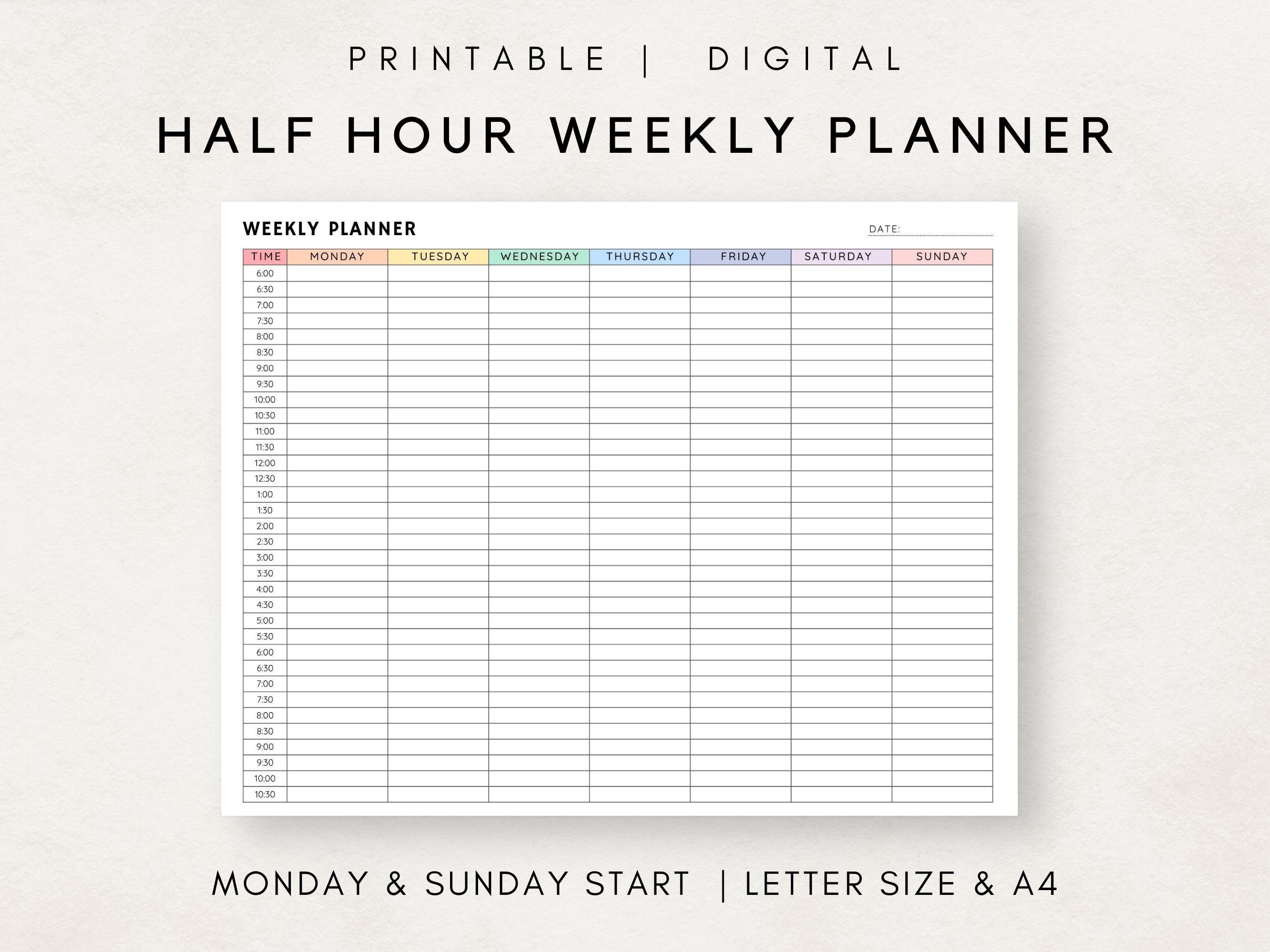 Half Hour Weekly Schedule, Half Hour Planner, Weekly Half Hourly Plan, Time Blocking, Weekly Time Sheet, Hour by Hour Planner, Weekly Plan