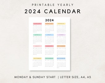 2024 Yearly Calendar Printable, Yearly Calendar Poster, 2024 Calendar, Yearly wall Calendar, 2024 Annual Calendar, Calendar Printable, 2024