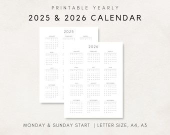 2025-2026 Yearly Calendar, Printable Calendar, 2025-2026 Calendar, Digital Calendar, Yearly wall Calendar, Year at a glance, Annual Calendar