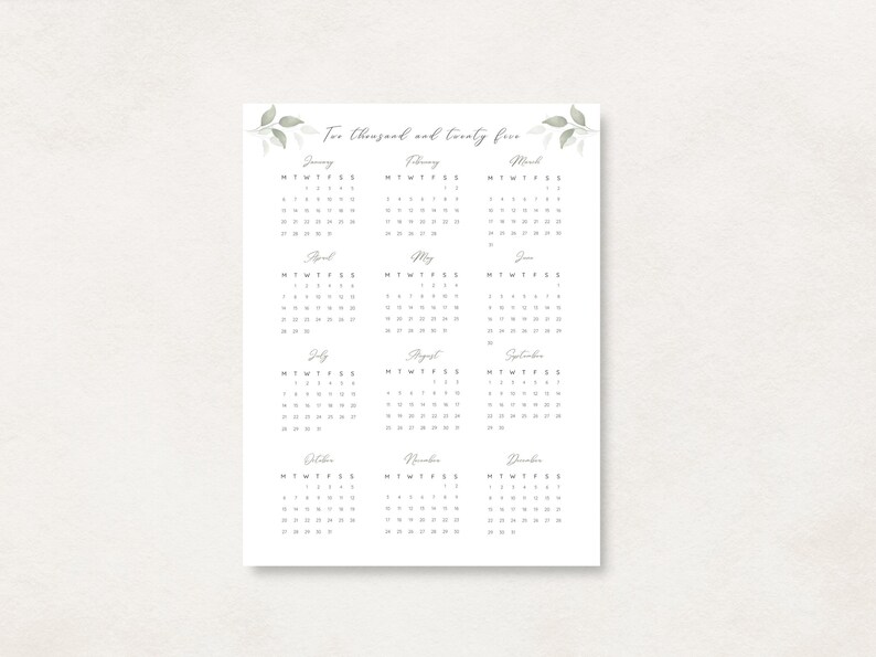 2025 Yearly Calendar, Printable Calendar, 2025 Calendar, 2025 Digital ...