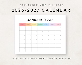 Monatskalender 2026-2027, Monatskalender 2026-2027, Monatskalender 2026-2027, Kalendervorlage, 12-Monatskalender, Monat auf einen Blick, Planer 2026-2027