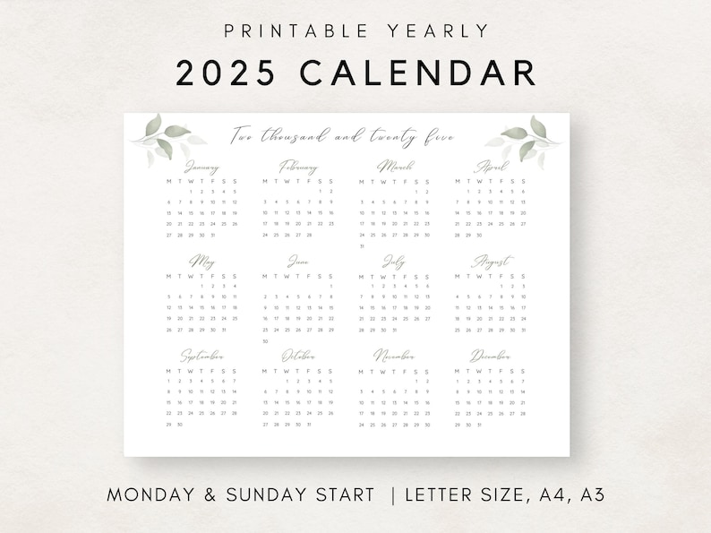 2025 Yearly Calendar, Printable Calendar, Wall Calendar, 2025 Calendar