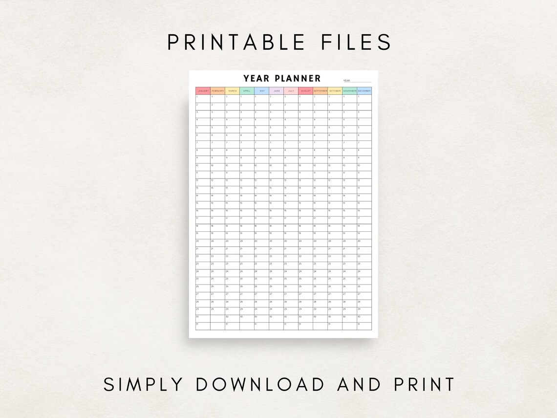 Yearly Planner on 1 Page, Year at a Glance, Undated Full Year Calendar ...