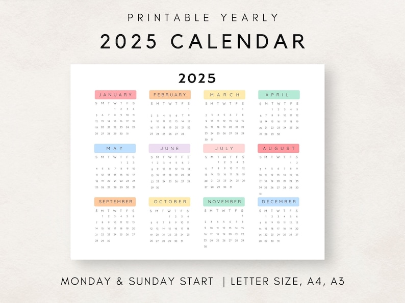 2025 Yearly Calendar, Printable Calendar, 2025 Calendar, 2025 Digital ...