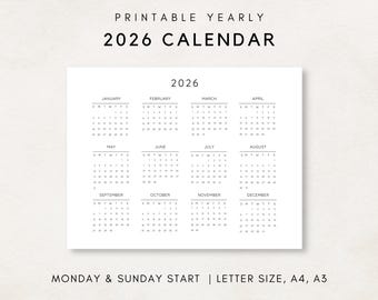 May include: Printable 2026 calendar with a black and white design. The calendar is divided into 12 months, with each month displayed in a separate box. The calendar is designed to start with Monday and Sunday.
