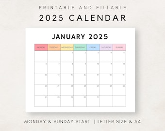 Monthly Calendar 2025, 2025 Calendar Printable, Blank Calendar 2025, Calendar Template, 12 Month Calendar, Month at a glance, 2024 Planner