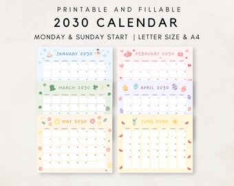 2030 Calendar Printable, Monthly Calendar 2030, 2030 Planner, Monthly Planner 2030, Aesthetic Calendar, 2030 Editable Calendar, 2030 PDF