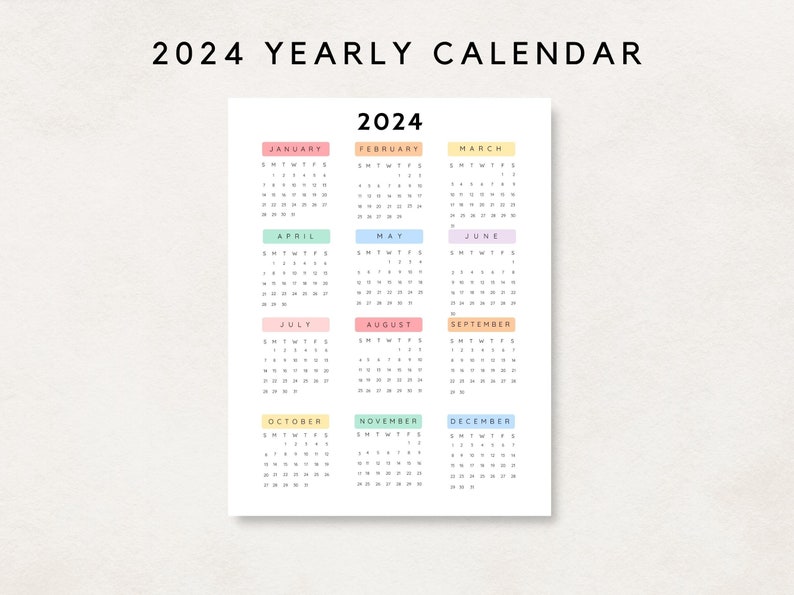 2024 Yearly Calendar Printable, Yearly Calendar Poster, 2024 Calendar ...