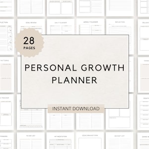 Pode incluir: Um planejador de crescimento pessoal imprimível com 28 páginas. O planejador inclui páginas para reflexão sobre objetivos, revisão de objetivos, planejamento diário, planejamento semanal, reflexão, rastreamento de relaxamento, padrões de pensamento, pensamento positivo, listas de tarefas, meditação, brainstorming de ideias, listas de desejos e ir com o fluxo.
