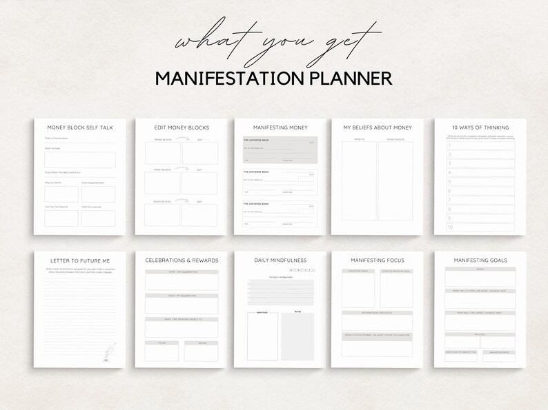 Unlock the power of your dreams with this Manifestation Planner Printable. This comprehensive Manifestation Journal is designed to help you manifest your goals, dreams, and desires using the Law of Attraction.