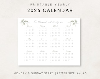 2026 Yearly Calendar, Printable Calendar, Wall Calendar, 2026 Calendar, Yearly wall Calendar, 2026 Annual Calendar, One page Calendar