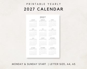 2027 Yearly Calendar, Printable Calendar, 2027 Calendar, 2027 Digital Calendar, Yearly wall Calendar, Year at a glance, 2027 Annual Calendar