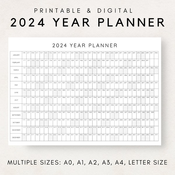 2024 Jahresplaner druckbar, Jahresplaner, Kalender Poster, Digitaler Kalender, 2024 Kalender, 2024 Planer, Jahr auf einen Blick