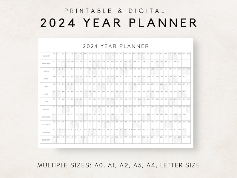 Plan your year with this 2024 Yearly Planner Printable! This digital download offers 2024 annual agenda and wall calendar template. Perfect for professionals, students, and those seeking an efficient planning solution.