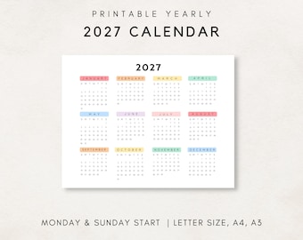2027 Yearly Calendar, Printable Calendar, 2027 Calendar, 2027 Digital Calendar, Year at a glance, 2027 Annual Calendar, Yearly wall Calendar