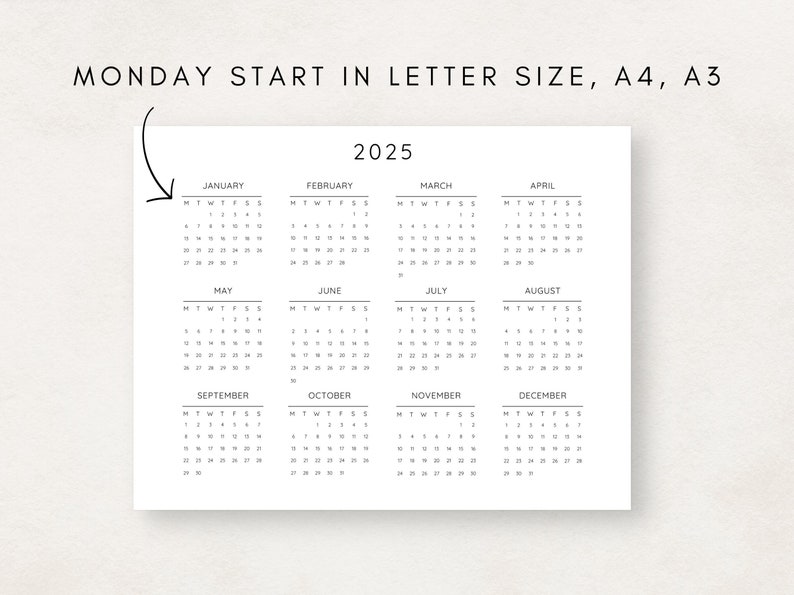 2025 Yearly Calendar, Printable Calendar, 2025 Calendar, Digital