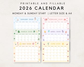 Cute 2026 Calendar Printable, Monthly Calendar 2026, 2026 Planner, Monthly Planner 2026, Aesthetic Calendar, 2026 Editable Calendar, 2026