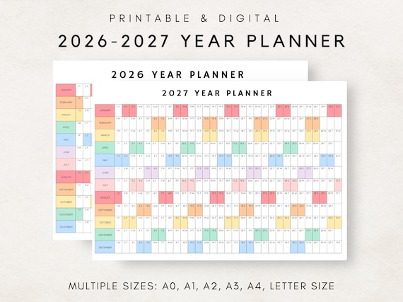 2026-2027 Yearly Planner, Year Planning Calendar, Calendar Poster, 2026-2027 Digital Calendar, 2026-2027 Calendar, 2026-2027 Printable Plan