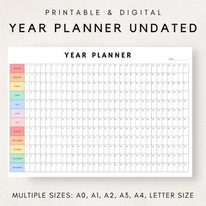 Planificador anual en 1 página, resumen del año, calendario anual completo sin fecha, planificador anual de pared, resumen anual, planificador anual grande imprimible