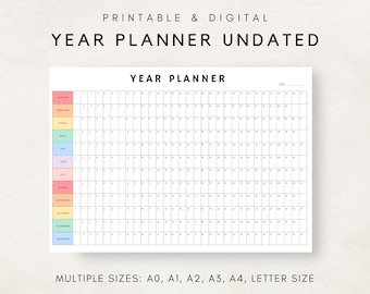 Yearly Planner on 1 Page, Year At a Glance, Undated Full Year Calendar, Yearly Wall Planner, Annual Overview, Large Yearly Planner Printable