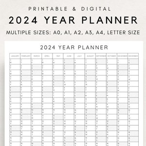 Planificador Anual 2024 Imprimible, Calendario de Planificación Anual, Cartel del Calendario, Calendario Digital, Calendario 2024, Planificador 2024, Año de un vistazo