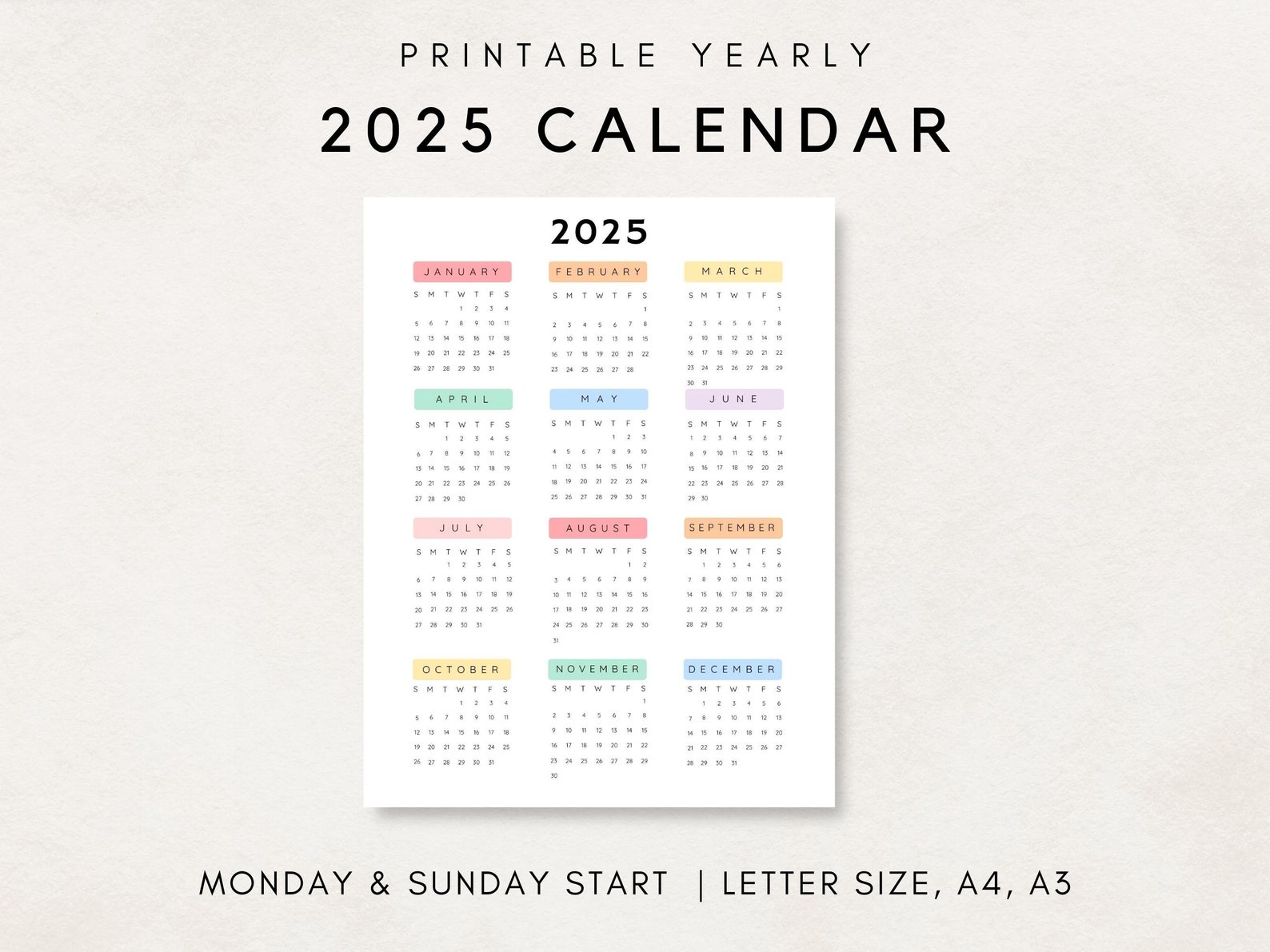 2025 Yearly Calendar Printable Calendar 2025 Calendar 2025 Etsy