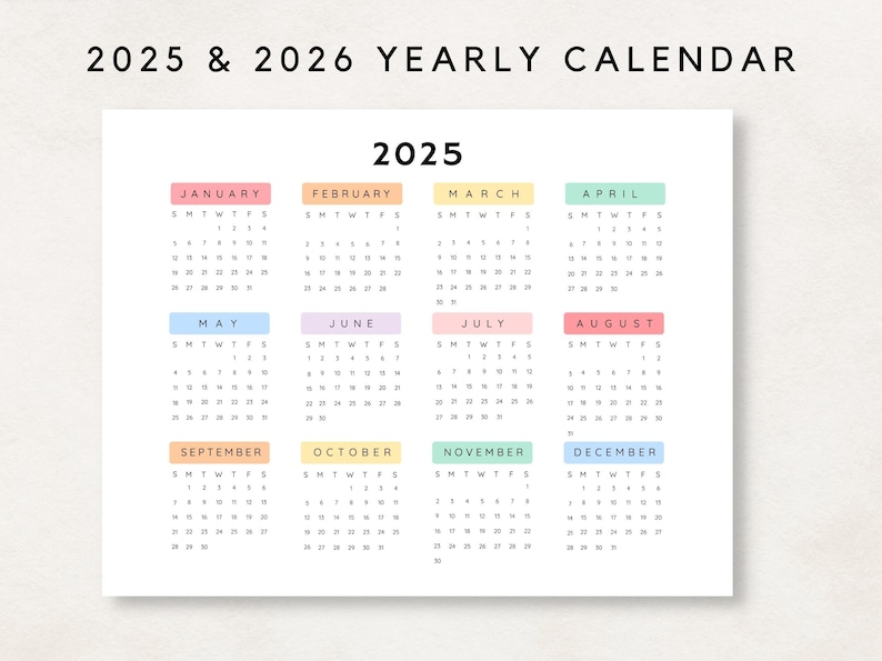 2025-2026 Yearly Calendar Printable, 2025-2026 Calendar, 2025-2026 ...