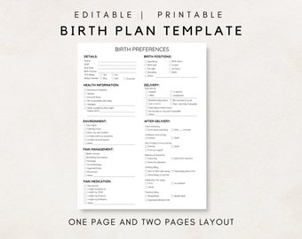 May include: Printable birth plan template with sections for details, health information, environment, pain management, pain medication, birth preferences, delivery, and after delivery. The template includes checkboxes for various preferences and options.