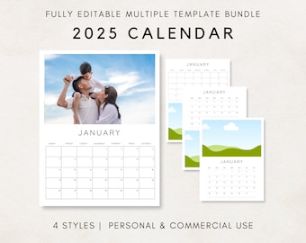 2025 Calendar Template, Photo Calendar, 2025 Wall Calendar, Blank Calendar, PLR Calendar, Editable Calendar, Calendar Template, DIY Calendar