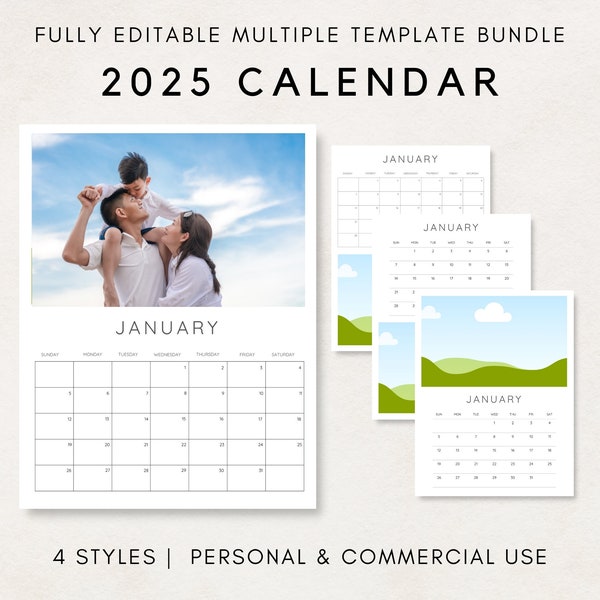 2025 Calendar Template, Photo Calendar, 2025 Wall Calendar, Blank Calendar, PLR Calendar, Editable Calendar, Calendar Template, DIY Calendar