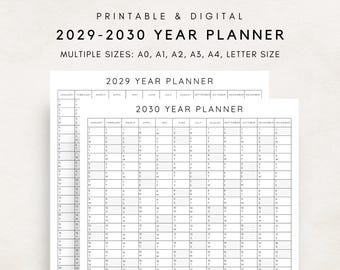 Planificador anual 2029-2030, Calendario de planificación anual, Póster de calendario, Calendario digital 2029-2030, Calendario 2029-2030, Plan imprimible 2029-2030